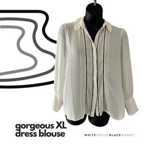 Like New White House Black Market XL Petite White Piped Work Blouse